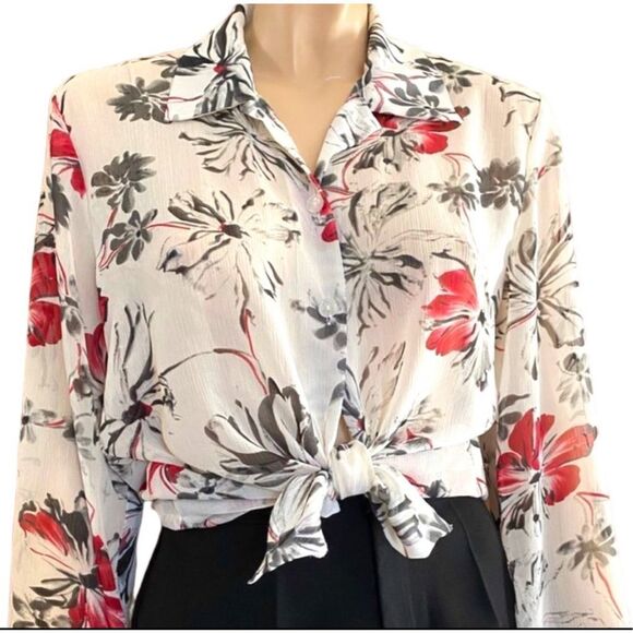 Vintage Top Sheer Blouse Button Up Shirt Floral Work Party Size M - Picture 1 of 8